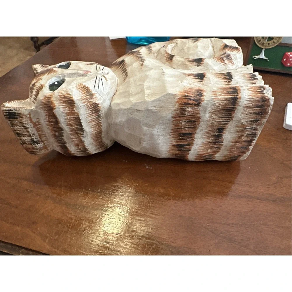 James Haddon Folk Art Wood Carved Striped Cat Figurine Signed